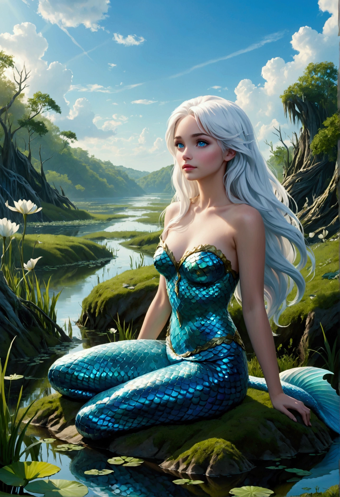 ((best quality)), ((masterpiece)), (detailed), perfect face, a beautiful mermaid with white hair and sky blue reflection, she has sky blue eyes, her scales are sky blue. She is sitting on a hill, under this hill there is a swamp. Down her there is a swamp.