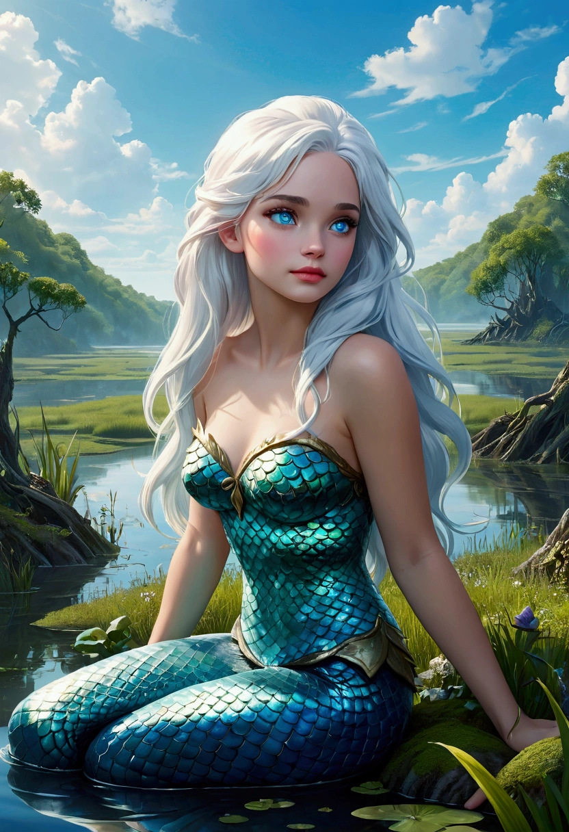((best quality)), ((masterpiece)), (detailed), perfect face, a beautiful mermaid with white hair and sky blue reflection, she has sky blue eyes, her scales are sky blue. She is sitting on a hill, under this hill there is a swamp. Down her there is a swamp.