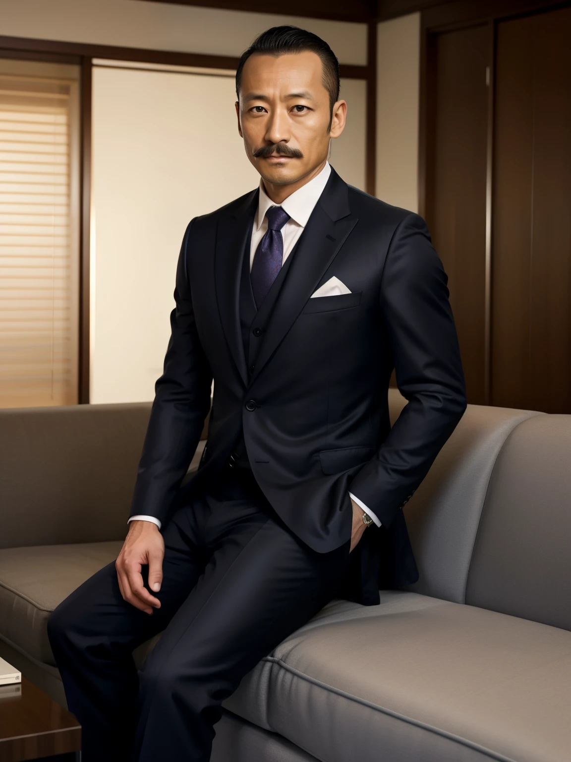 40 years old,Hidetoshi Nakata,(Kogoro Mori 1.3),whole body,Lean,muscle,office,black,foot,Suit,transparent袜子,foot抬起,sofa,Baldhead ,transparent,Thick body hair,underwear,Topless,Densely hairy,Fortitude,HD,With a mustache