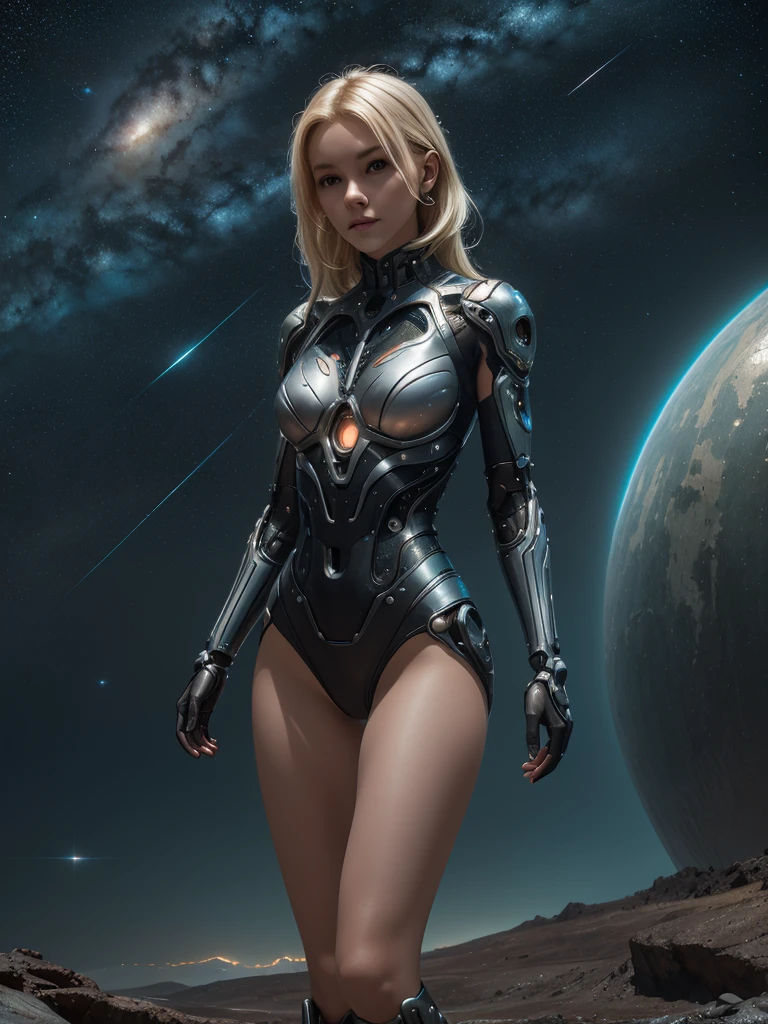 Realistic 16K resolution red blue colors tone photography of A breathtaking landscape on a planet in the Orion constellation, where gigantic mechanical are mining iron silver ore from a huge mine. Surrounding futuristic domes, curvilinear structures, while meteors intermittently streak across the sky. 1 blonde girl, wearing intricate high-tech bodysuit covering her entire body with biomechanical style, intricate mechanical details, glowing cybernetic enhancements,
break,
1 blonde girl, full body shot, Exquisitely perfect symmetric very gorgeous face, Exquisite delicate crystal clear skin, Detailed beautiful delicate eyes, perfect slim body shape, slender and beautiful fingers, legs, perfect hands, legs, illuminated by film grain, realistic style, realistic skin texture, dramatic lighting, soft lighting, exaggerated perspective of ((Wide-angle lens depth)), Fantasy, extreme detail description,