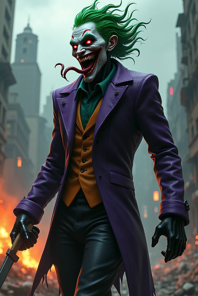 "Draw a terrifying being that combines madness and malice。Venom and the Joker combined、His whole body is covered in a jet black symbiote.、A manic joker smile is etched on his face。The sharp fangs shine eerily、poison々Her bright green hair flows in waves.。The eyes are dyed crimson、It has such an eerie look that you can almost hear the laughter.。The long tongue stretches out like a snake、Its sharp, bloody claws look ready to tear apart its prey.。In the background、A ruined gothic city spreads out、The scene depicts a raging fire and blood stains.。Symbolizes the destruction and madness that this creature&#39;s presence causes.、Make sure you convey an overwhelming sense of fear。"Make the Joker wear a purple jacket, which is a trendy mark of the game.。A knife in the hand