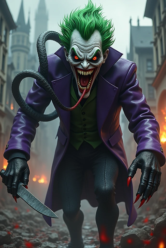 "Draw a terrifying being that combines madness and malice。Venom and the Joker combined、His whole body is covered in a jet black symbiote.、A manic joker smile is etched on his face。The sharp fangs shine eerily、poison々Her bright green hair flows in waves.。The eyes are dyed crimson、It has such an eerie look that you can almost hear the laughter.。The long tongue stretches out like a snake、Its sharp, bloody claws look ready to tear apart its prey.。In the background、A ruined gothic city spreads out、The scene depicts a raging fire and blood stains.。Symbolizes the destruction and madness that this creature&#39;s presence causes.、Make sure you convey an overwhelming sense of fear。"Make the Joker wear a purple jacket, which is a trendy mark of the game.。A knife in the hand