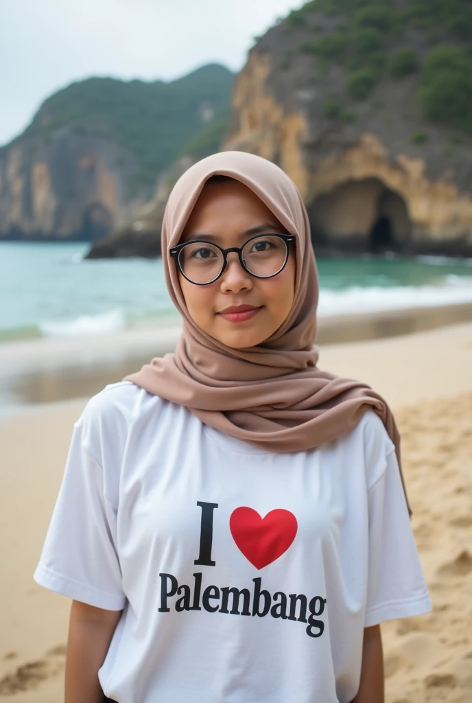 A beautiful young Muslim woman wearing a long hijab and glasses with a loose white t-shirt that says I Love Palembang, sandy beach and rock cliffs in the background, wide angle view full shot