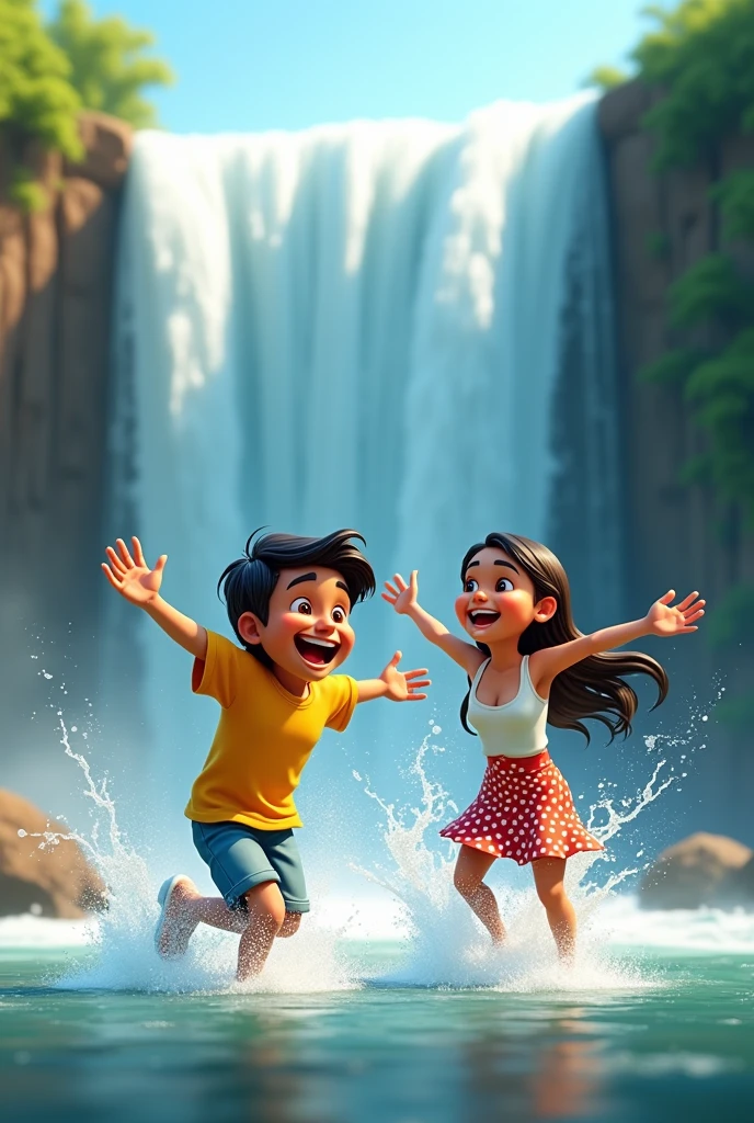 Describe 3d in details images "Illustrate two friends, Amit and Rajesh, at a scenic waterfall. Amit should appear animated and exhilarated, with his arms raised and a wide smile. Rajesh should look mischievous and cheerful as she splashes water towards Amit. The scene should show the powerful waterfall with a lot of mist, and vibrant greenery surrounding them. Both characters are wearing summer outfits appropriate for a day by the waterfall, with their expressions and body language reflecting their enjoyment and playfulness."