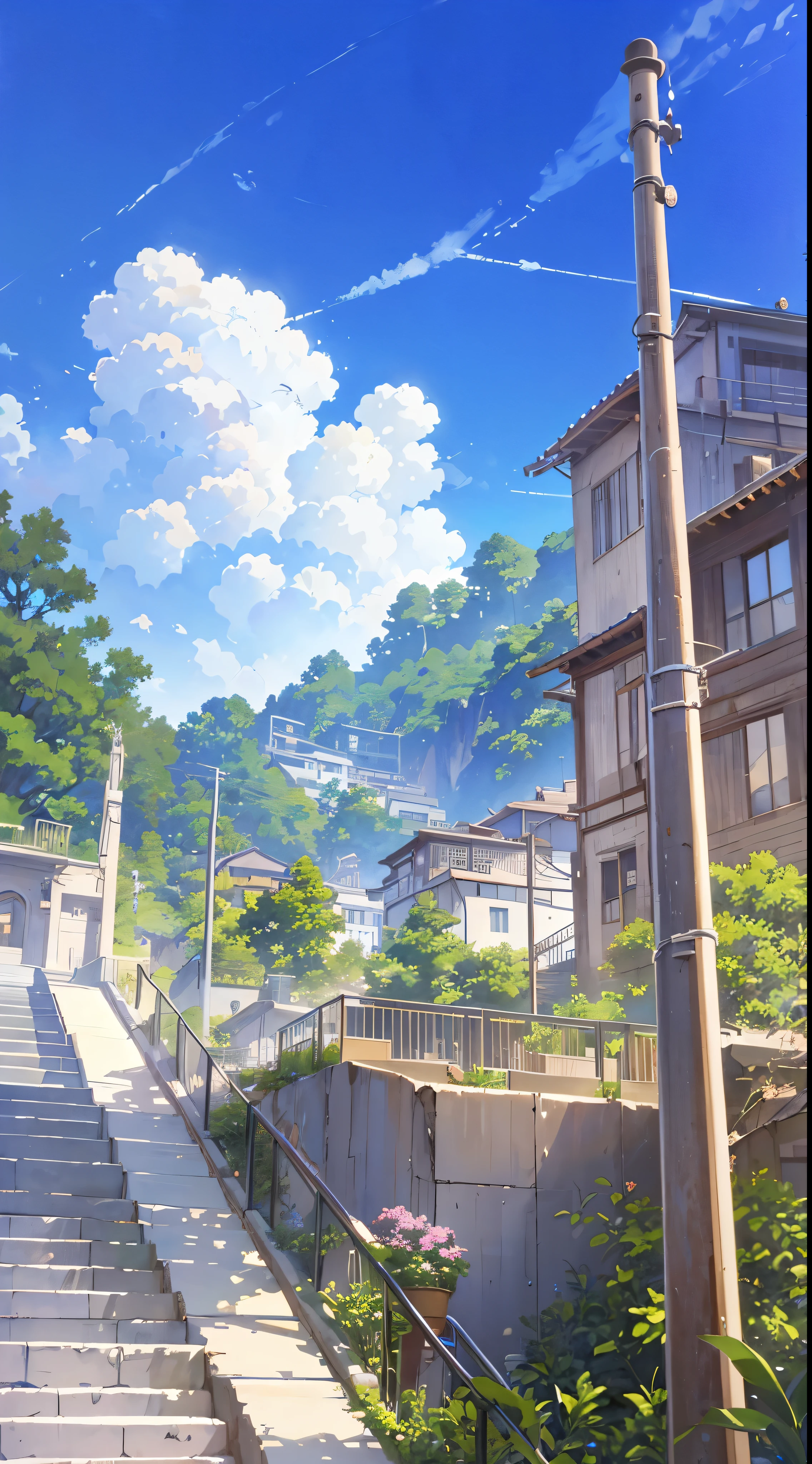 a painting of a stairway leading to a building, anime scenery, anime scenery concept art, anime. by makoto shinkai, kyoto animation, by makoto shinkai, by Makoto Shinkai, makoto shinkai. high detail, realistic - anime, style of makoto shinkai, beautiful anime scenery, makoto shinkai art style