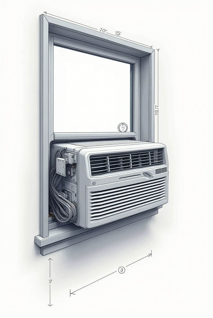 "Create a detailed diagram of a window air conditioner, showing both internal and external components. The diagram should include the following parts: evaporator coils, condenser coils, fan, compressor, refrigerant lines, thermostat, filter, blower, and drainage system. Label each component clearly, and provide a cutaway view that reveals the internal mechanics of the unit. The external view should show the air intake, exhaust vents, and control panel. The overall design should represent a typical window-mounted air conditioning unit, fitting within a standard window frame