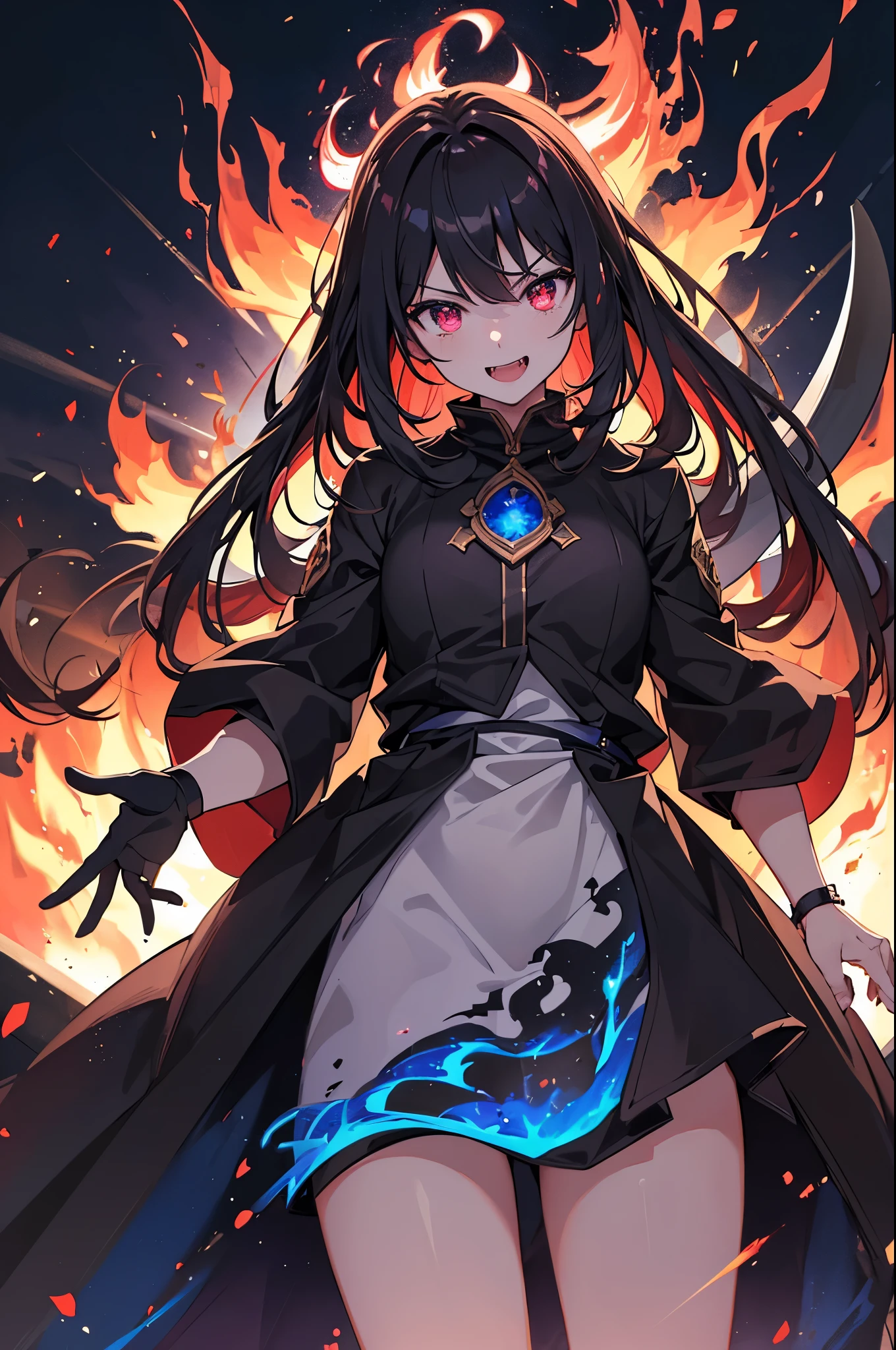 (16K,Ultra-high resolution,Highest quality,masterpiece,Super detailed,Very vivid CG),((額に漆blackの1本の鬼の角が生えた闇堕ちした美少女)),A large sword imbued with blue flames,Overall dark outfit,Red glowing eyes,Anatomically correct body,Highly detailed facial features, Beautiful and perfect face, Perfect Eyes,angle from below,Photographed from the front,Standing on a giant pillar of flame, he looks down on the viewers.,Eyes without highlights,blackと紫の衣装,Perfect lighting,black,Red ice scattered on the ground,Blue-violet skin,Perfect lighting,Wicked Smile,Laugh with your mouth wide open,Big fangs,Standing 5m away from the camera,((Explosive Flame Background:1.3)),A burnt-out town in the middle of the night