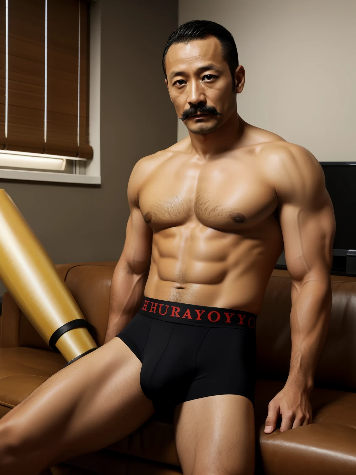 40 years old，Hidetoshi Nakata，（Kogoro Mori 1.3），whole body，Lean，muscle，office，black，foot，Suit，transparent袜子，foot抬起，sofa，Baldhead ，transparent，Thick body hair，underwear，Topless，Densely hairy，Fortitude，HD，With a mustache