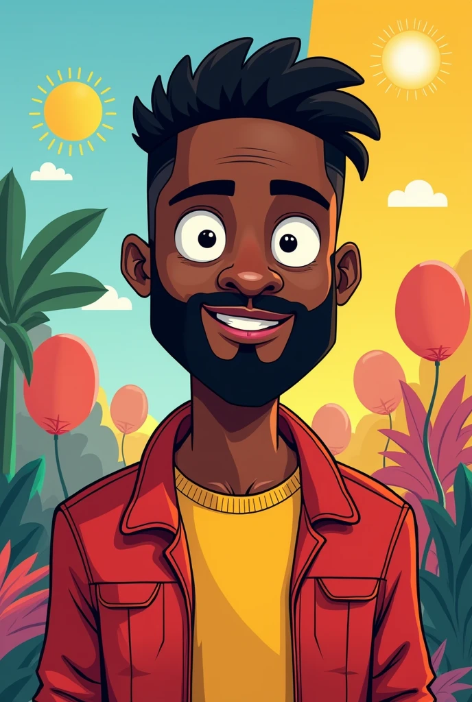 African Bearded slightly Short-cut hair Average height Skinny but slightly muscular Slightly pink lips Cartoon please No earrings 