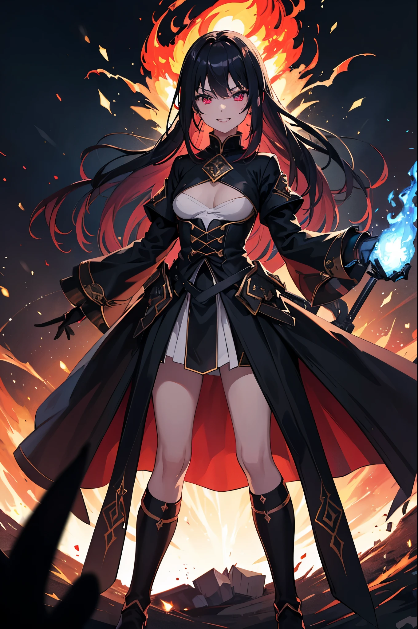 (16K,Ultra-high resolution,Highest quality,masterpiece,Super detailed,Very vivid CG),((額に漆blackの1本の鬼の角が生えた闇堕ちした美少女)),A large sword imbued with blue flames,Overall dark outfit,Red glowing eyes,Anatomically correct body,Highly detailed facial features, Beautiful and perfect face, Perfect Eyes,angle from below,Photographed from the front,Standing on a giant pillar of flame, he looks down on the viewers.,Eyes without highlights,blackと紫の衣装,Perfect lighting,black,Red ice scattered on the ground,Blue-violet skin,Perfect lighting,Wicked Smile,Laugh with your mouth wide open,Big fangs,Standing 5m away from the camera,((Explosive Flame Background:1.3)),A burnt-out town in the middle of the night