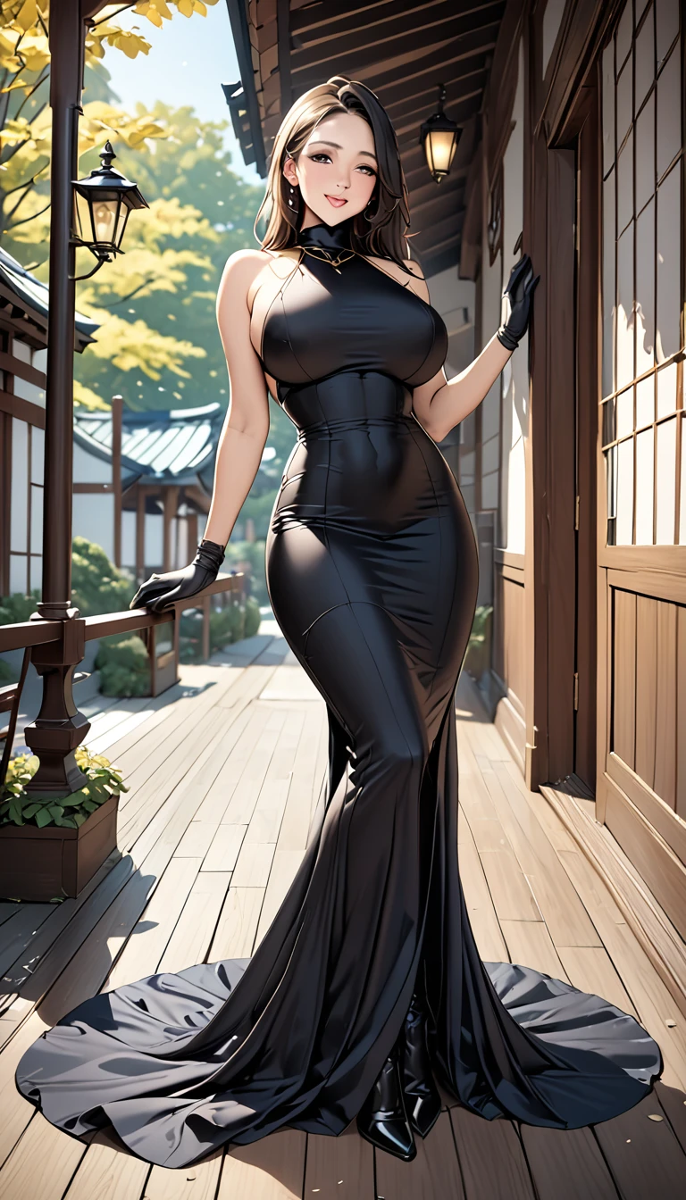 (masterpiece,Highest quality,Ultra-high resolution),Japanese women,Smiling, (((A very beautiful 2))),Big Breasts、Breast bag、((Black high-neck long dress in satin)),(Tight fit),No sleeve、Satin opera gloves、Knee-high boots、Satin has a very strong sheen、Throw kiss