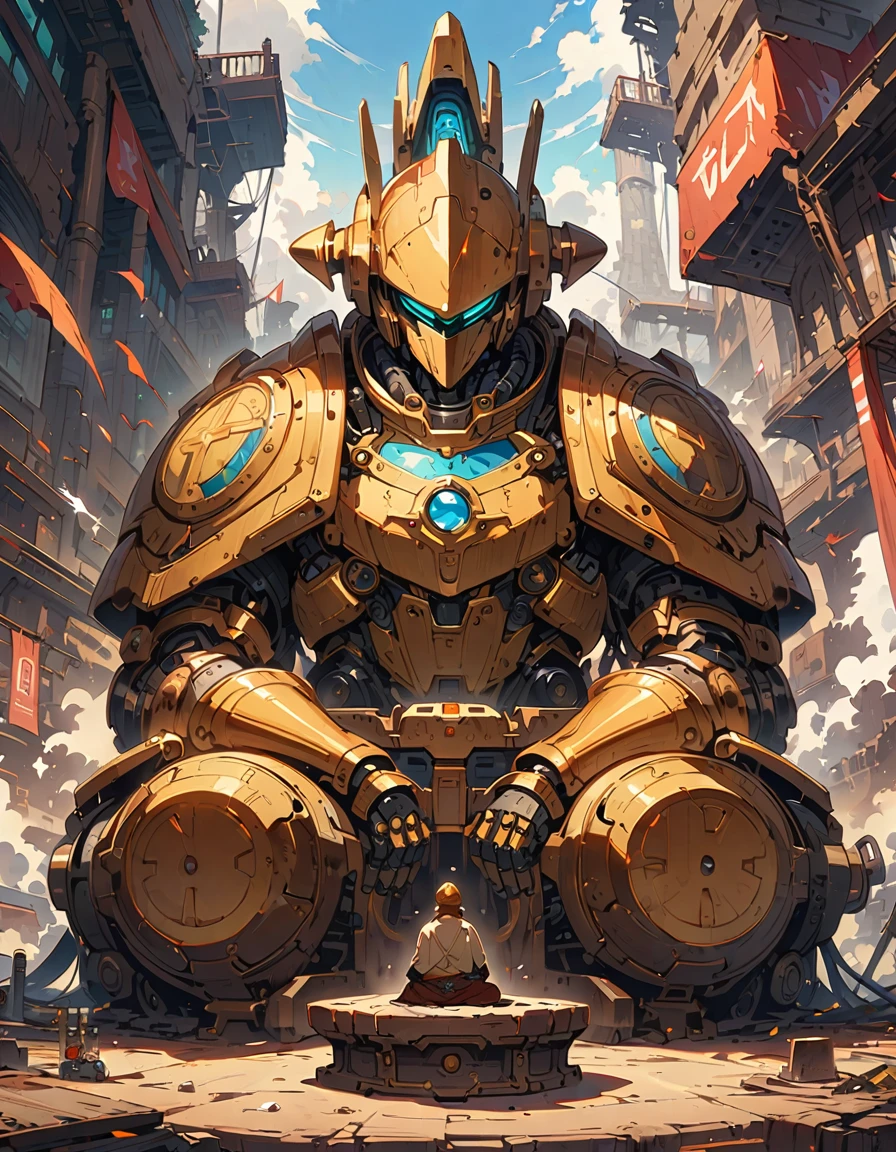 (Highest quality,Extremely detailed depiction,Incredible high resolution),Buddha statue giant robot:1.3,pedestal,Sitting in meditation,booster,Huge Machine,Beam cannon,Mechanical,gear,Armament,missile,The world of steampunk,High quality anime drawings