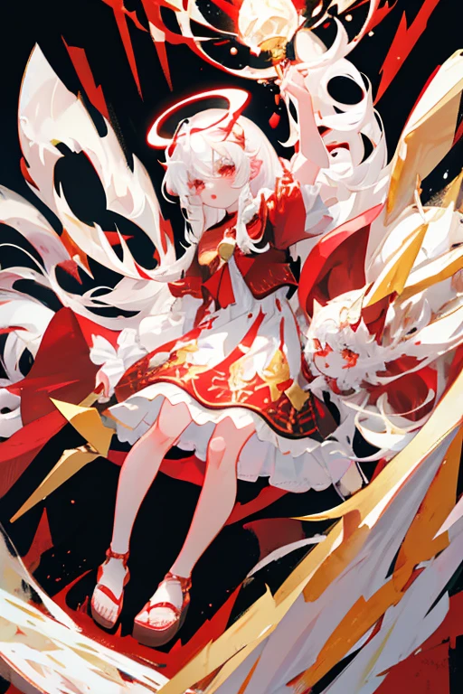 Crystal power girl. white hair, red eyes. red horns. White sandals. Black dress with gold embroidery