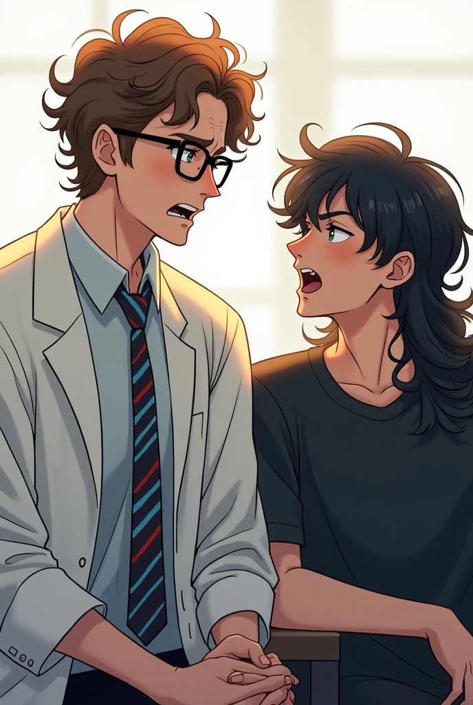 create two guys 20 years old sitting next to each other, in the left the guy is taller has eye glasses and has brown wavy curly hair, he wears lab gown over white long sleeves and blue and red stripes tie, has green eyes looking at the other guy angrily, the other guy beside him wears black clothes has long black hair and he looks playful.