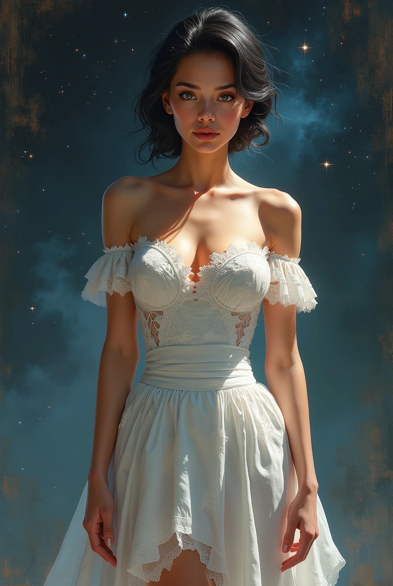 portraite superior do corpo, (chin up), beautfull woman, skin fair, hands on sides, wearing sexy dress, realisitic, caucasiano, elegant black hair updo, white lace off the shoulders dress, (Outer space, nebular background), raw work painting, dramatic lighting, shiny and smooth, wall-paper, smooth ass, high-quality, centred, illustration, detaileds, portraite, beautiful digital painting, illustration digital impressionante, Charlie Bowater, art station, style of charlie bowater, Charlie Bowater art style, charlie bowater character art, estilo de arte realisitic, illustration digital bonita, stunning digital painting