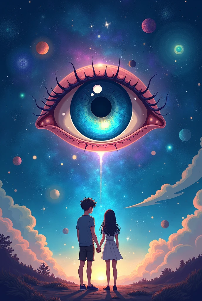 Create me a good book cover like the background is a some sort of the universe and in between or in any part, there is a big mysterious eye, and inside that eye, there is the symbol Yin Yang , and create a two men tall and young below the eye show that they are really In love Make it fantasy vibes and make it simple but artistic , emphasize the Yin Yang on the eye. Make it more cartoonish and make the book cover like a beginner but have a experience on art