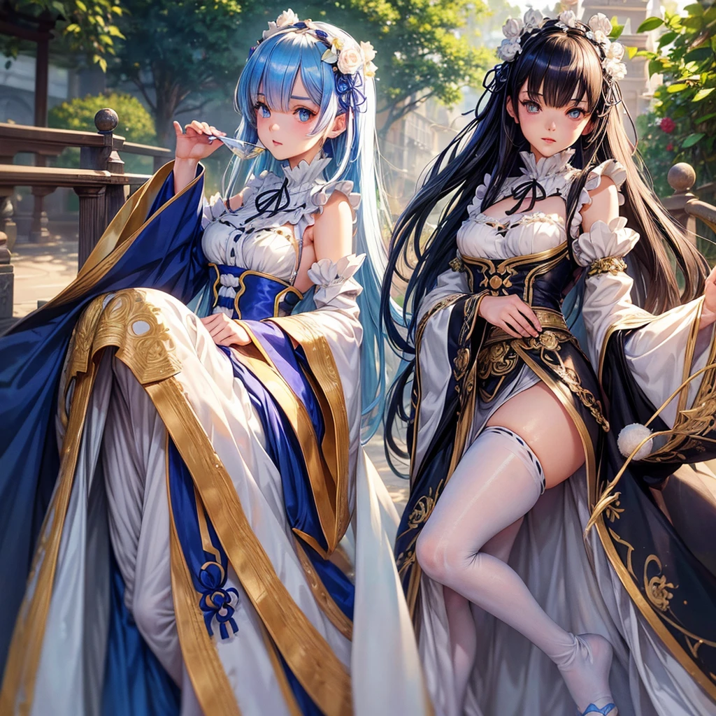 a pair of rem and ram re:zero, holding small japanese and mexican flags, beautiful detailed eyes, beautiful detailed lips, extremely detailed eyes and face, long eyelashes, intricate detailed clothing, vibrant colors, masterpiece, photorealistic, concept art, dynamic pose, high quality, sharp focus, 8k, hyper detailed