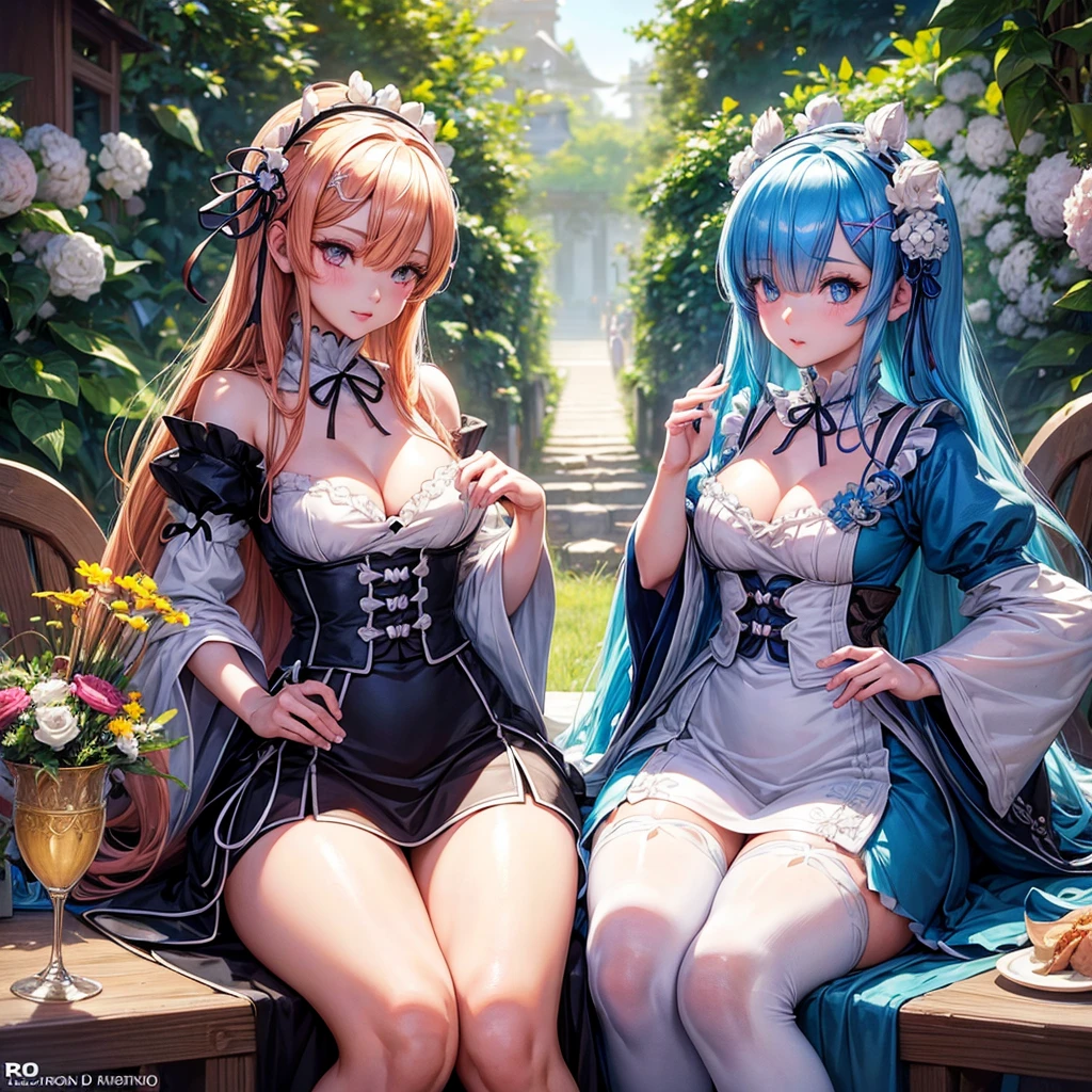 a pair of rem and ram re:zero, holding small japanese and mexican flags, beautiful detailed eyes, beautiful detailed lips, extremely detailed eyes and face, long eyelashes, intricate detailed clothing, vibrant colors, masterpiece, photorealistic, concept art, dynamic pose, high quality, sharp focus, 8k, hyper detailed