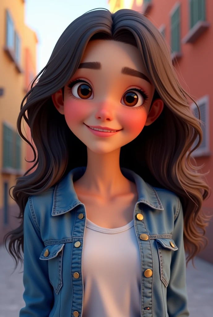 Generate a young female character in a 3D style inspired by Disney Pixar, with dark, wavy hair falling over her shoulders. She wears a blue denim shirt over a white T-shirt. Her expression is friendly, with a slight smile. The lighting is soft, highlighting the sparkle in her eyes and facial details. The background is simple, to highlight the character clearly, with vibrant colors and the characteristic style of Pixar animations."