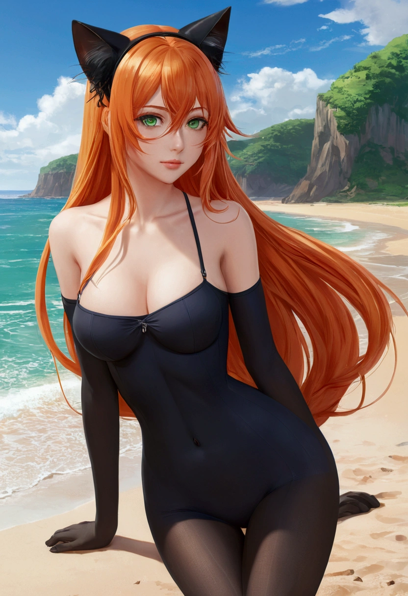 anime girl with long orange hair standing on beach near ocean, green eyes detailed digital anime art, cat ears, , anime girl with long hair, smooth anime cg art, anime girl with long hair, average breast size, digital anime art, artwork in the style of guweiz, beautiful anime portrait, photorealistic anime girl render, beautiful anime girl, advanced digital anime art, pantyhose, guweiz on artstation pixiv upscale HD UHD HQ
