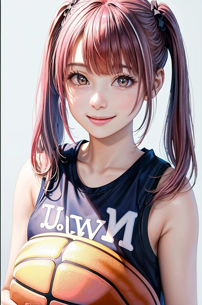 (((Frame In、Pure white wall background、Highest quality、8k、32K、masterpiece)))、(Realistic)、(Realistic:1.2)、(High resolution)、Very detailed、Very beautiful face and eyes、1 person、Round and small face、Tight waist、Delicate body、(close、Highest quality、Attention to detail、Rich skin detail)、(Highest quality、8k、Oil paints:1.2)、Very detailed、(Realistic、Realistic:1.37)、Bright colors、(((Pink Hair)))、(((Twin tails)))、(((Cowboy Shot)))、(((Bob Hair)))、(((The bangs are uniform)))、(((Pure white wall background)))、(((Wearing a basketball uniform)))、(((black basketball outfit)))、(((smile)))、(((1 female)))、(((Tank top style uniform)))、