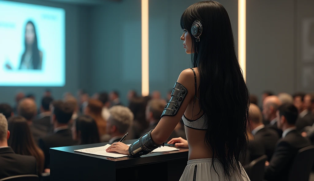 Beautiful girl lecturer leading the conference, she has very black long hair, large cybernetic breasts, natural sharpening nipples, one hand and eye cybernetic, she wears a short cyber skirt from under which looks intimate haircut on the pubic big puffy lubes slightly open, on her legs translucent stockings and high heeled shoes.