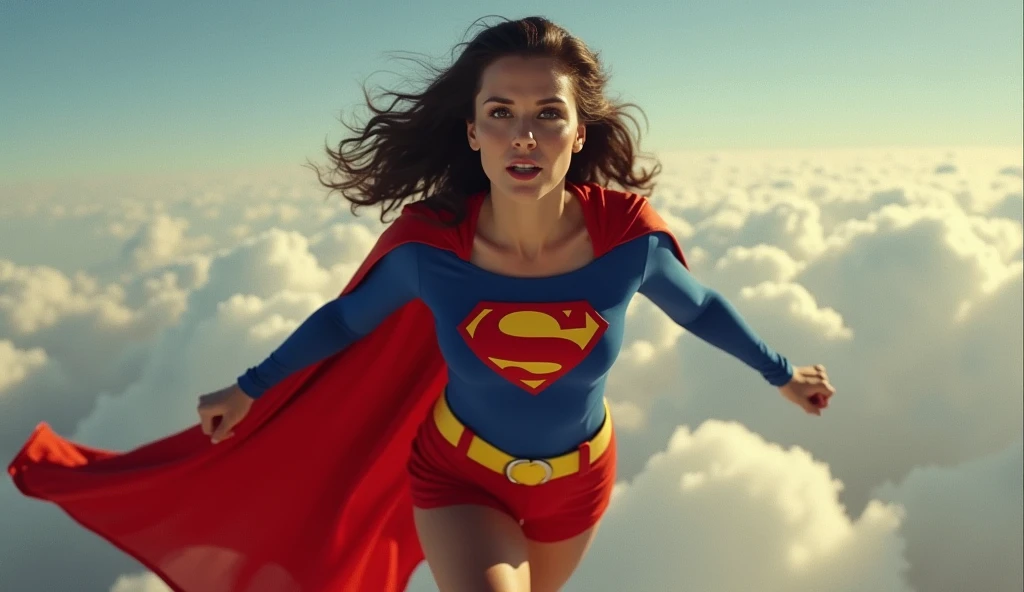 (((very beautiful old Supergirl (((1984s Supergirl movie costume))) Julie Hagerty(((dark-haired, large-breasted woman in her 50s)))) Super woman Julie Hagerty; confident, powerful, indestructible, attractive; big and firm chest; strong breasts; decolando para o céu