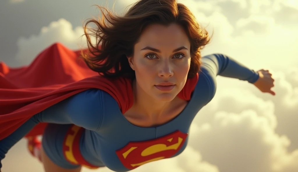 (((very beautiful old Supergirl (((1984s Supergirl movie costume))) Julie Hagerty(((dark-haired, large-breasted woman in her 50s)))) Super woman Julie Hagerty; confident, powerful, indestructible, attractive; big and firm chest; strong breasts; decolando para o céu
