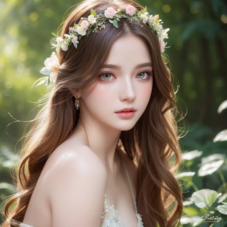 a gorgeous nymph, detailed high quality full body portrait, blushing face, beautiful detailed eyes, beautiful detailed lips, extremely detailed face, long eyelashes, porcelain skin, flowing hair, graceful pose, ethereal, fantasy, vibrant colors, natural lighting, photorealistic, 8k, best quality, masterpiece