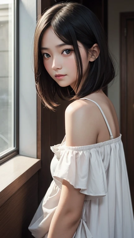 a girl who has short, beautiful shoulder-length hair and eyes that have the impression of a sharp gaze and has a cheeky and indifferent facial gesture
