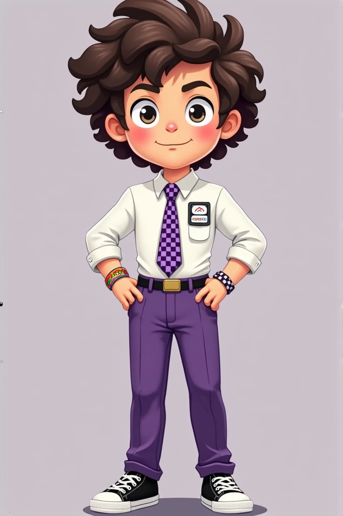 Un lycéen aux cheveux bouclés et châtains, sans frange. Il porte une chemise blanche, une cravate violette à carreaux et un pantalon violet aussi. Il porte le blason du président des élèves à son épaule, il est un peu dodu, il a un visage rond et gentil. Il a l'air excentrique . Ses chaussures sont des converses noires et il porte un bracelet LGBT.  Il se tient droit, et de face. 