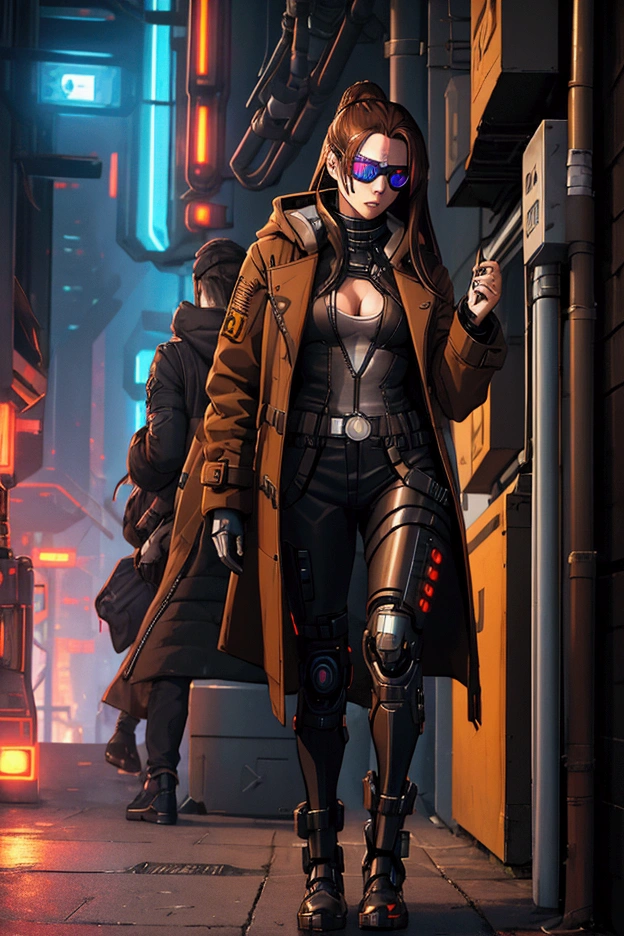 Female cyberpunk character with long brown hair, a coat over your clothes, very discreet robotic mechanisms throughout the body and using cyberpunk netrunner interface glasses