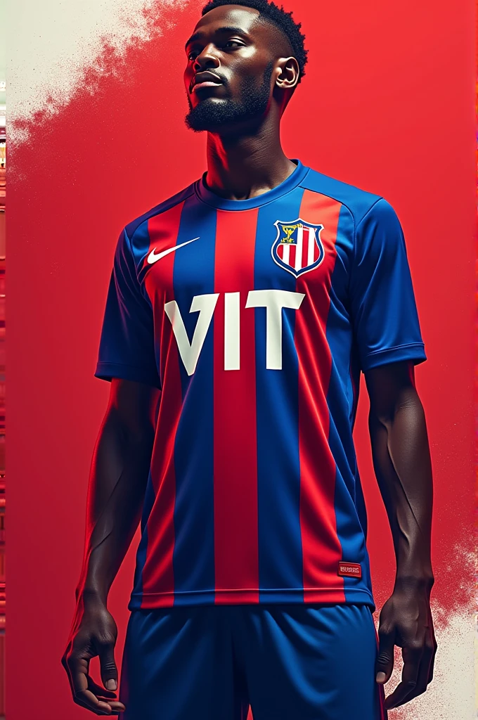 Generate 10 football jersey designs in red and blue colours with 'VIT' logo on the chest 