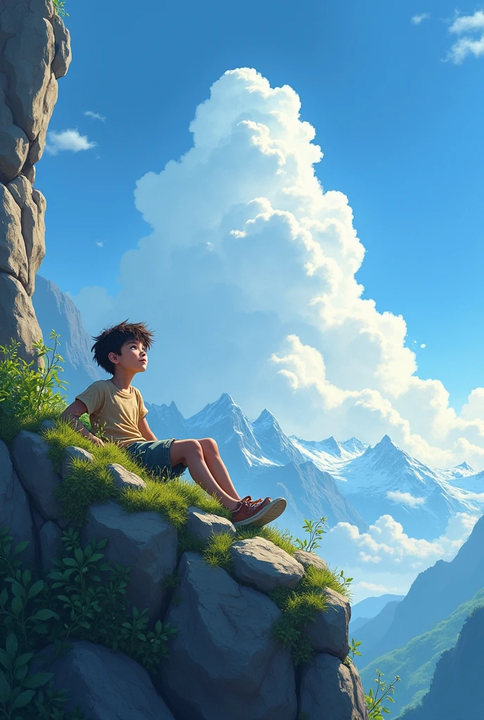  boy looking at the sky lying on a mountain}
