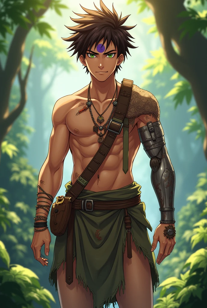 oc anime human, male, spiky brown hair, green eyes, has an amputated left arm, indigenous tribe clothes, purple circle tattoo on his forehead