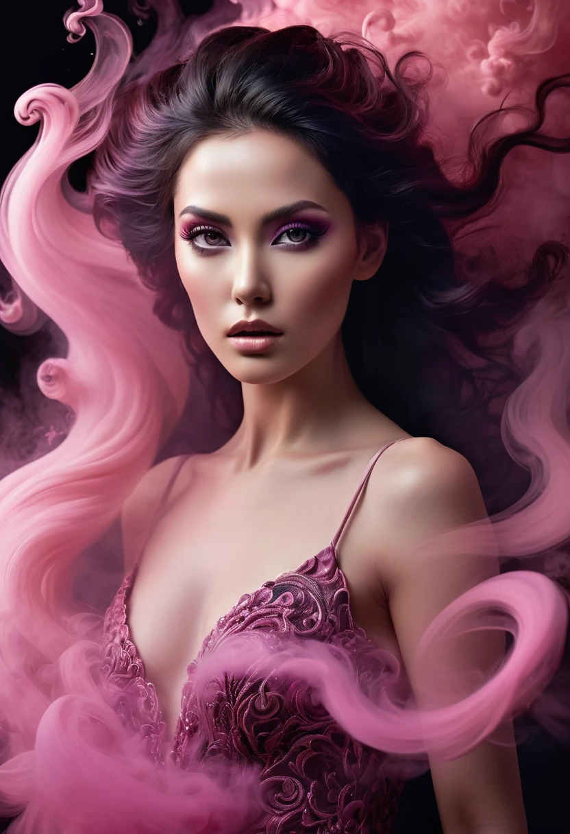 A majestic work of art, a woman, intricately detailed, with an intense, piercing gaze emanating from her singular, striking eye, set against a backdrop of ethereal, swirling pink smoke that appears to shift and undulate as if alive, illuminated by a cinematic lighting scheme that casts dramatic, high-contrast shadows and highlights, evoking a sense of mystery and the otherworldly, with each element expertly rendered in exquisite, high-definition detail, exuding a sense of artistic mastery and visual sophistication.