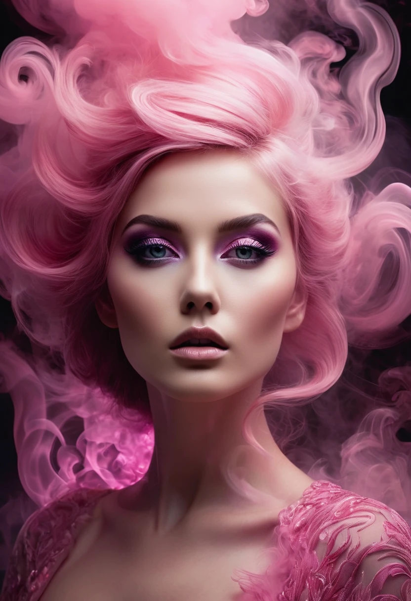 A majestic work of art, a woman, intricately detailed, with an intense, piercing gaze emanating from her singular, striking eye, set against a backdrop of ethereal, swirling pink smoke that appears to shift and undulate as if alive, illuminated by a cinematic lighting scheme that casts dramatic, high-contrast shadows and highlights, evoking a sense of mystery and the otherworldly, with each element expertly rendered in exquisite, high-definition detail, exuding a sense of artistic mastery and visual sophistication.
