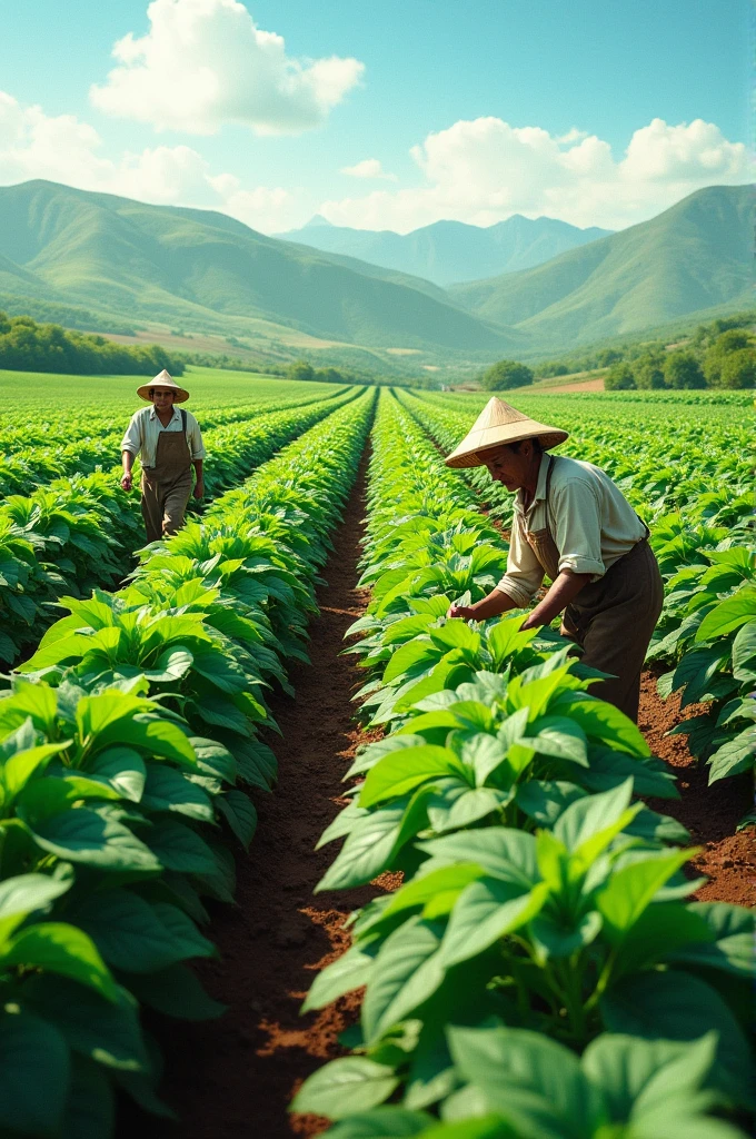 Create a bean field with farmers harvesting the plants 