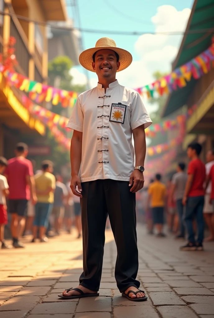 filipino male wearing white camisa de chino with black pants with salangkot and slippers with buwan ng wika festival as background