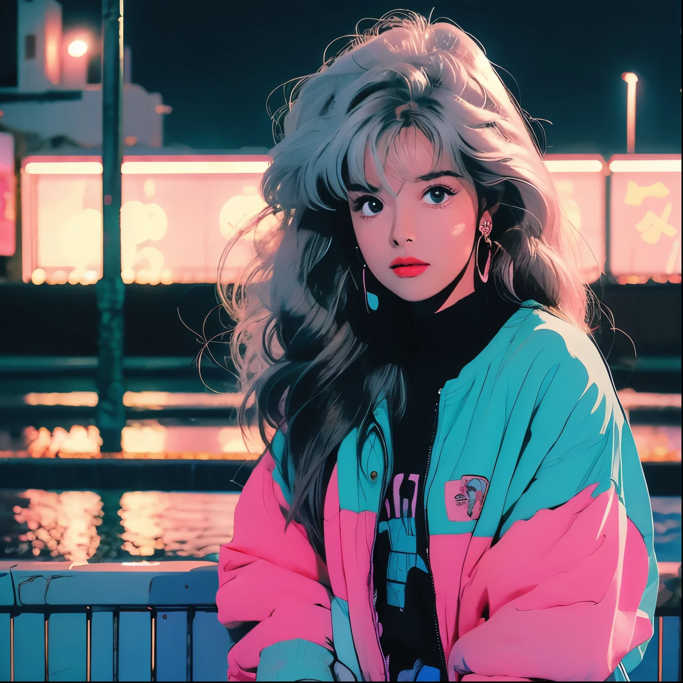 Japanese,City,night,building,pastel colour,neon,(various poses:1.2)