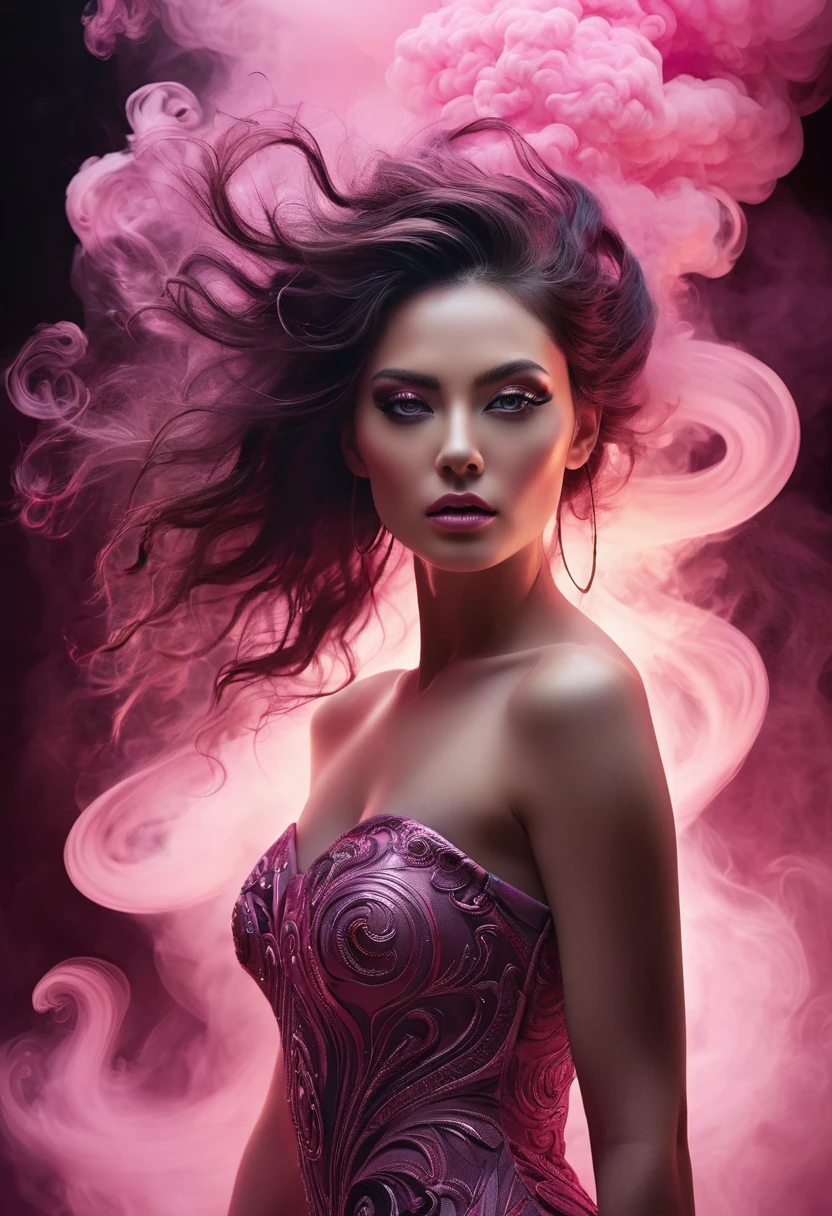A majestic work of art, a woman, intricately detailed, with an intense, piercing gaze emanating from her singular, striking eye, set against a backdrop of ethereal, swirling pink smoke that appears to shift and undulate as if alive, illuminated by a cinematic lighting scheme that casts dramatic, high-contrast shadows and highlights, evoking a sense of mystery and the otherworldly, with each element expertly rendered in exquisite, high-definition detail, exuding a sense of artistic mastery and visual sophistication.
