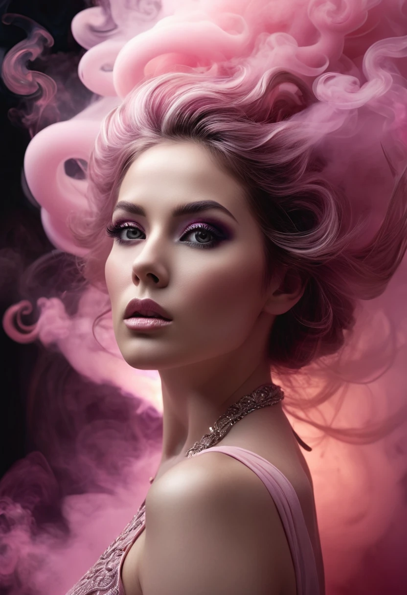 A majestic work of art, a woman, intricately detailed, with an intense, piercing gaze emanating from her singular, striking eye, set against a backdrop of ethereal, swirling pink smoke that appears to shift and undulate as if alive, illuminated by a cinematic lighting scheme that casts dramatic, high-contrast shadows and highlights, evoking a sense of mystery and the otherworldly, with each element expertly rendered in exquisite, high-definition detail, exuding a sense of artistic mastery and visual sophistication.
