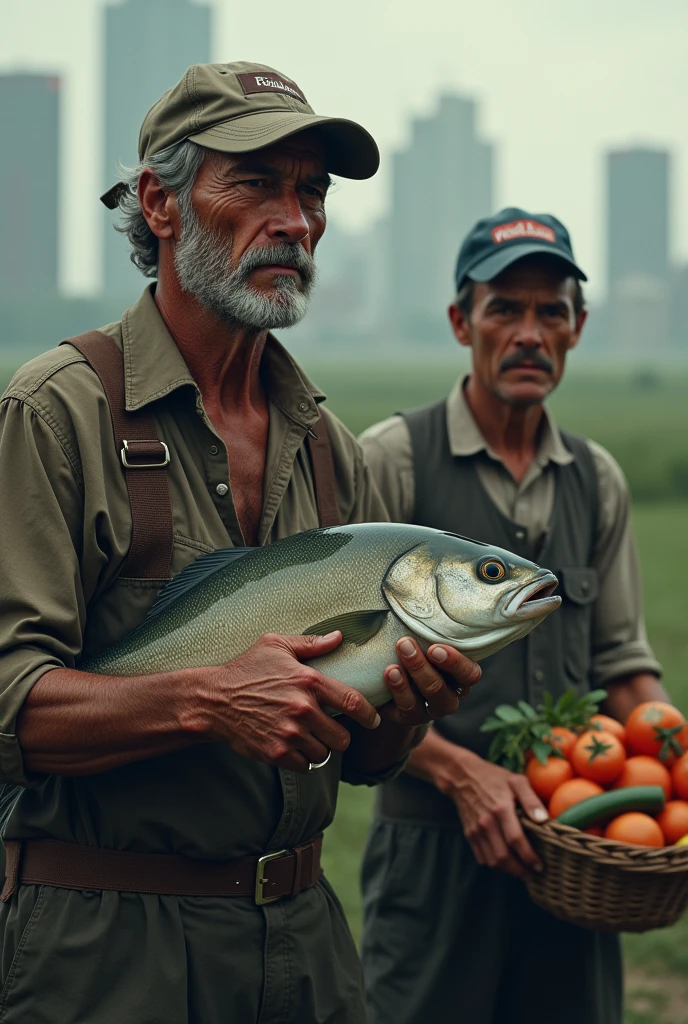 Fisherman with fish in hand and a farmer with fruits and vegetables in the basket, but they are crying.
In the background an image of large companies