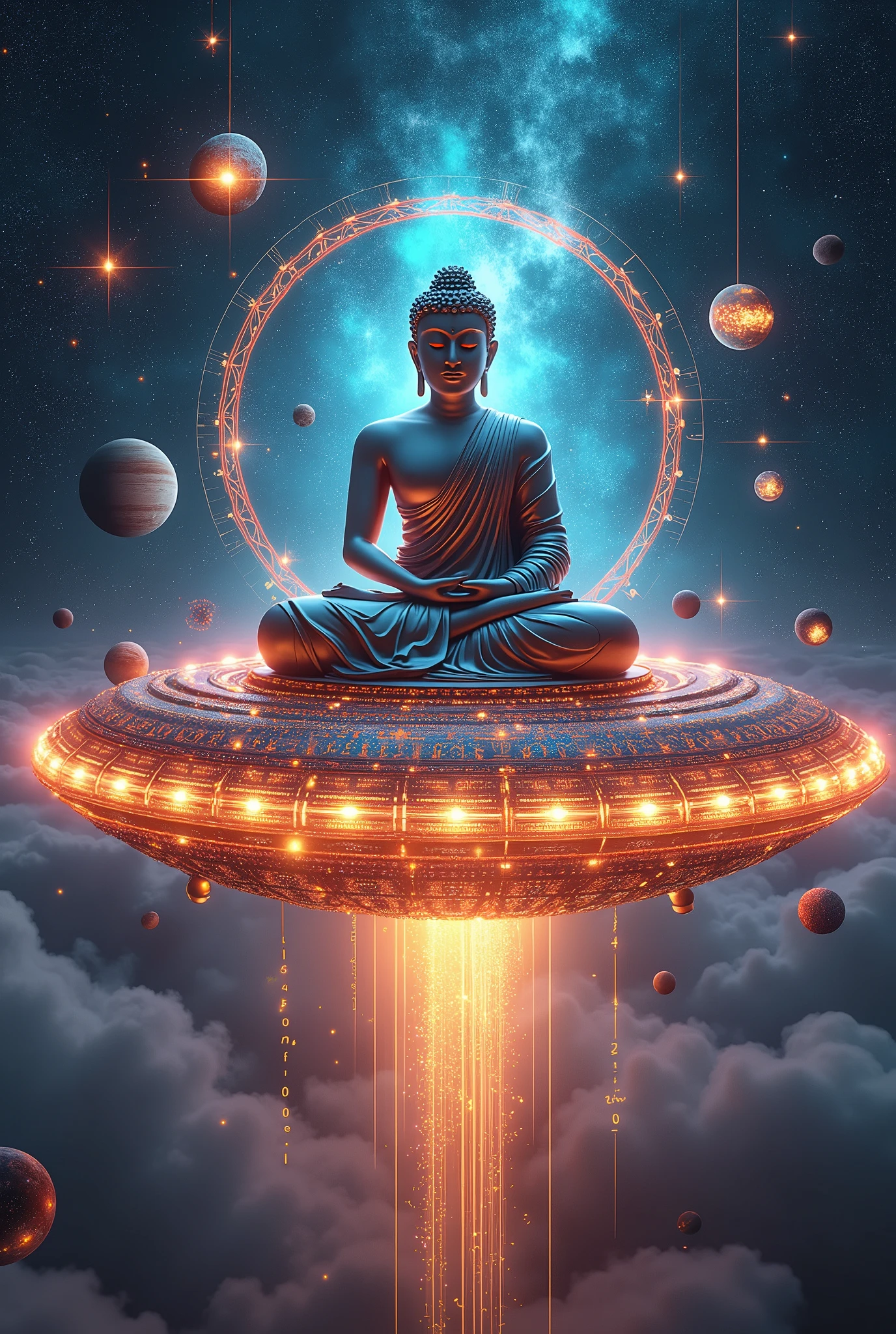 a very realistic and very psychedelic Buddha sitting on top of a flying saucer around several planets, psychedelia, etc...
a very colorful and eye-catching image, the Buddha is very modern and meditating with a happy face, the flying saucer is full of lights and very realistic around the planets, astrological calculations and all the art involving quantum mechanics. I want everything to be very engaging., with occultism, involving spirituality the flying saucer has to be more eye-catching, with lots of flashing lights and that all of it appears