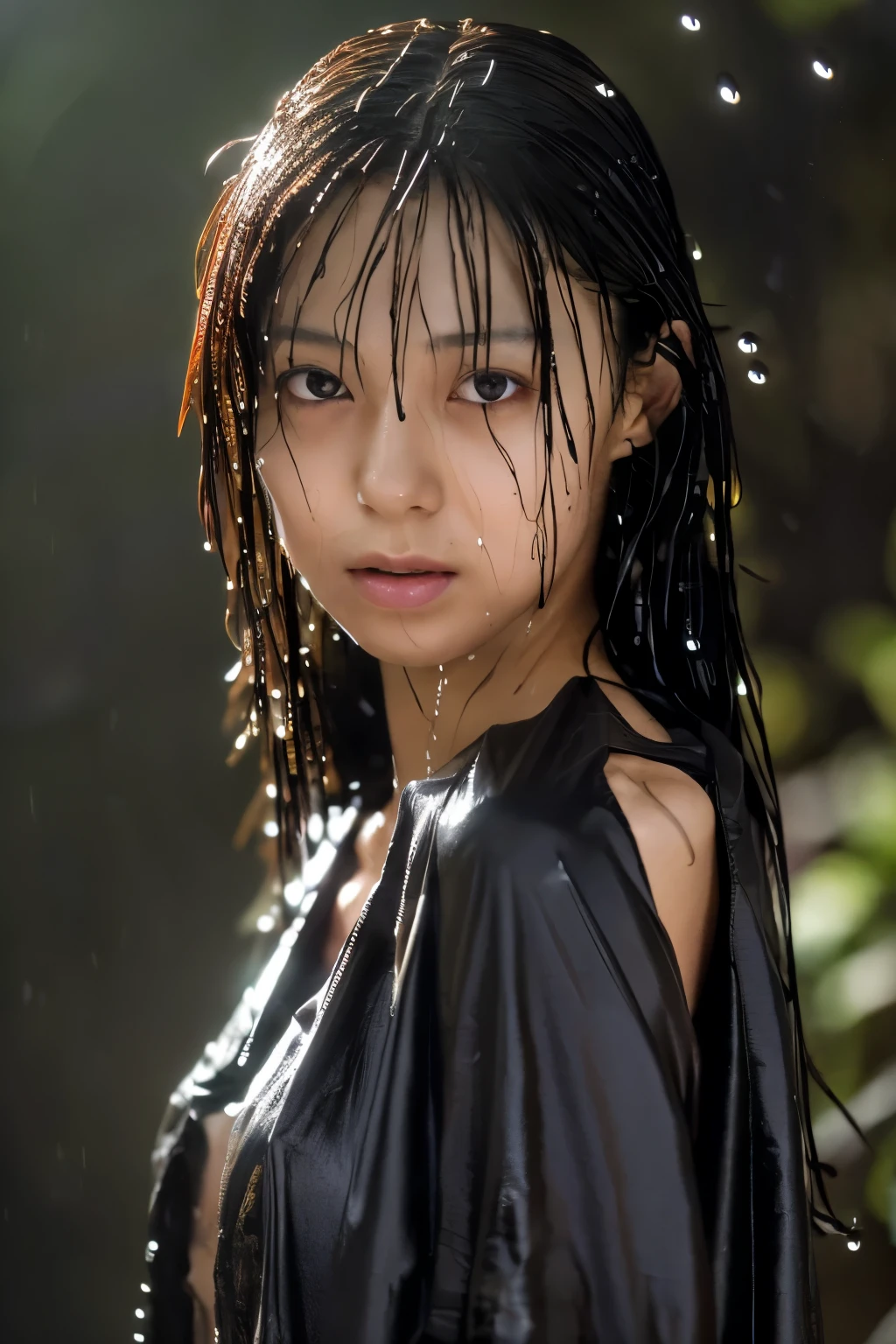 Best Image Quality, masterpiece, Ultra high resolution, (loyalty :1.4), Skinny Japanese woman, 1 girl, detailed face, detailed eyes, correct human body structure, dim, Dark, Tears, Tearsdrop, (wet soaked clothes sticking to the body:1.4), bare shoulders, wet hair, torrential rain, in the deep forest,