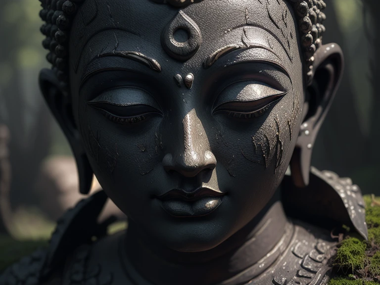 (Buddha statue face),Covered in moss,(Strong Shadows:1.3),water vapor,(Horror Style),(curse:1.3),(soul:1.3),(ultra Realistic 8k cg, RAW Photos, Highest quality, masterpiece:1.2),High resolution raw color photos,Professional photos,(Realistic, photo-Realistic:1.3),(Highest quality),(Cinematic Light),(masterpiece),Strong Rim Light,indirect lighting