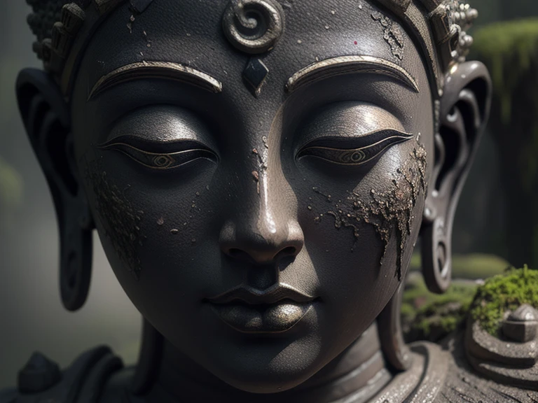 (Buddha statue face),Covered in moss,(Strong Shadows:1.3),water vapor,(Horror Style),(curse:1.3),(soul:1.3),(ultra Realistic 8k cg, RAW Photos, Highest quality, masterpiece:1.2),High resolution raw color photos,Professional photos,(Realistic, photo-Realistic:1.3),(Highest quality),(Cinematic Light),(masterpiece),Strong Rim Light,indirect lighting