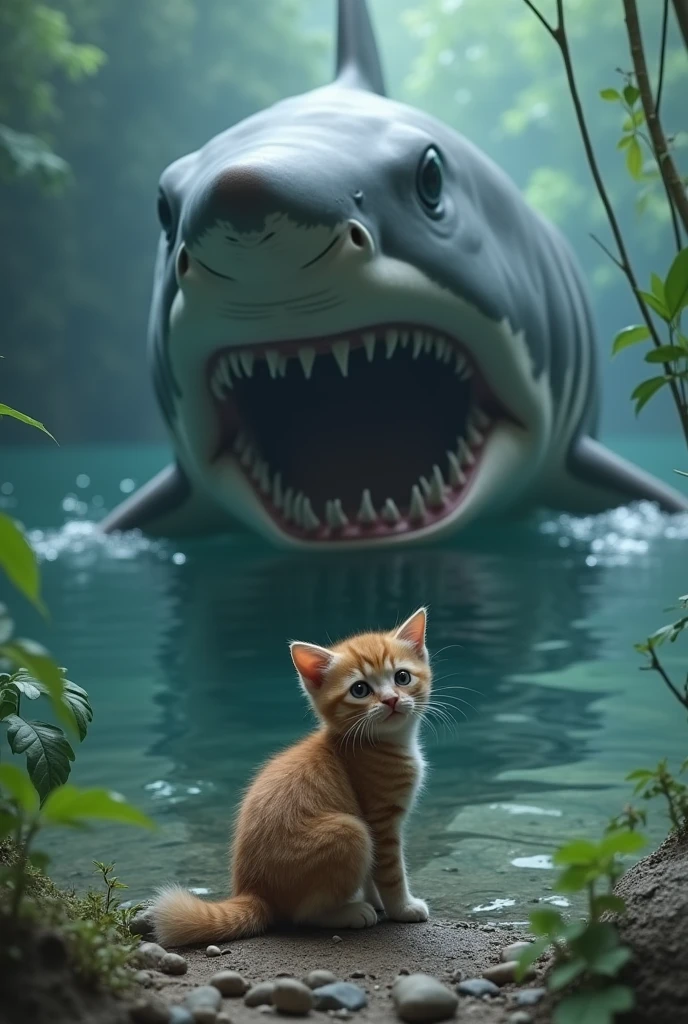 Suddenly, in the water nearby, the fin of a large shark appears, moving stealthily toward the unsuspecting baby cat. The shark's sharp teeth glint as it slowly emerges from the water, eyes locked on the baby cat.