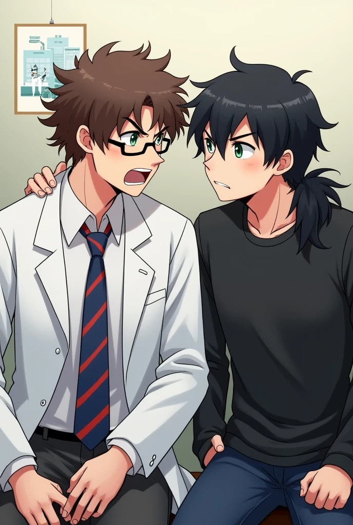 create two guys 20 years old sitting next to each other, in the left the guy is taller has eye glasses and has brown wavy curly hair, he wears lab gown over white long sleeves and blue and red stripes tie, has green eyes looking at the other guy angrily, the other guy beside him wears black clothes has long black hair and he looks playful. 
