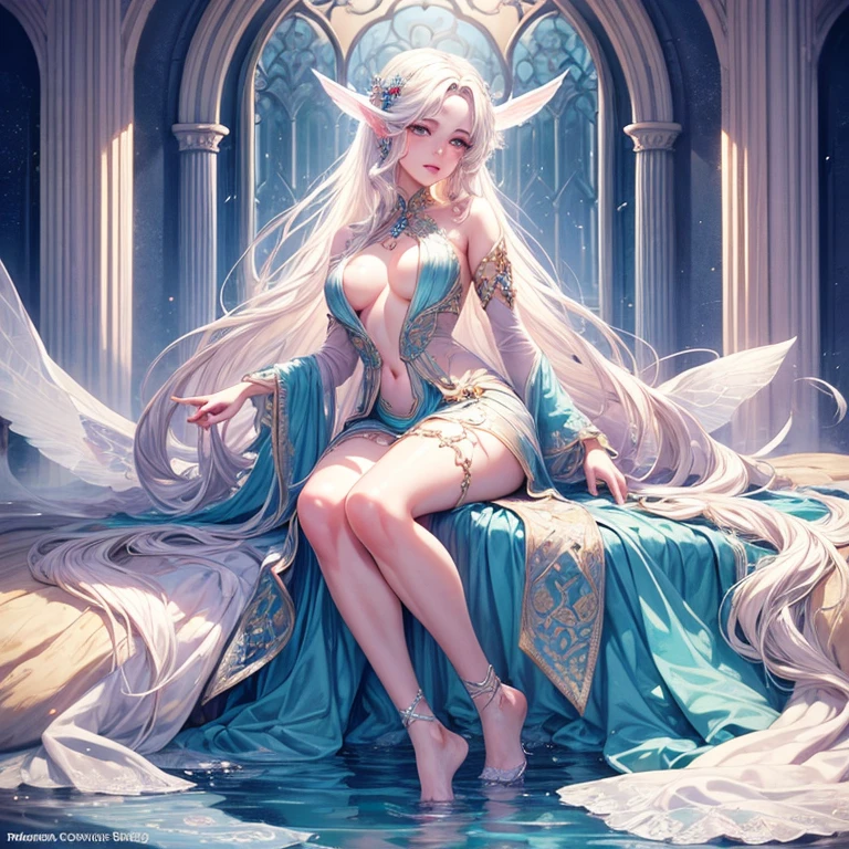 a gorgeous nymph, detailed high quality full body portrait, blushing face, beautiful detailed eyes, beautiful detailed lips, extremely detailed face, long eyelashes, porcelain skin, flowing hair, graceful pose, ethereal, fantasy, vibrant colors, natural lighting, photorealistic, 8k, best quality, masterpiece